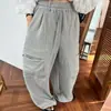 Calça Jogger Casual de Cintura Elástica com Bolso Grande e Perna Larga Feminina Cinza Tamanho Único Cor Café Preto Pelo de Coelho