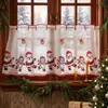 Cortina Corta Bordada de Navidad Papá Noel Renos Cortina de Gasa para Ventana de Cocina Decoración Festiva Cortina Pequeña sin Perforaciones