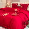 Conjunto de quatro peças para casamento com bordado de dragão e fênix chineses, roupa de cama vermelha para casamento, dote de casamento, capa de edredom de casamento, conjunto de quatro peças