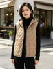 Colete de algodão com capuz e padrão de losangos para mulheres, outono e inverno, à prova de frio, quente, sem mangas, peça externa casual, colete quente