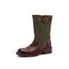 Botas western color block de couro legítimo para mulheres, botas estilo Martin de cano médio, couro bovino de primeira camada, versáteis para o dia a dia, com fivela de cinto e salto grosso, botas curtas da moda