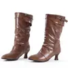 Comércio exterior 2026 novo estilo botas de tornozelo plissadas com salto taça de vinho bico fino para mulheres com fivela dobrável e botas de moda de cano médio no AliExpress