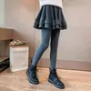 Conjunto de Primavera e Outono para Meninas Calças Legging Infantis Estilosas Calça Saia Falsa Dupla Peça Calças para Bebê Menina Calça Saia com Forro de Lã Outono e Inverno