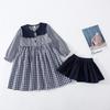 Conjunto de vestido infantil coreano Primavera e outono Nova chegada Estilo coreano da menina grande lapela xadrez vestido avental conjunto de duas peças