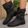 Botas Femininas Transfronteiriças de Calçar Outono/Inverno Salto Baixo Estilo Europeu Tamanho Grande Franzidas Novo Estilo 2024 Botas para Mulheres Botas Curtas