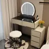 Penteadeira para Apartamentos Pequenos, Estilo Francês Creme para Quarto, Mesa de Maquiagem Minimalista Moderna, Mesa de Maquiagem de Vidro, Gabinete e Unidade de Gavetas Integrados