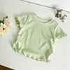 Camiseta de Manga Corta con Volantes para Niña, Camiseta Base de Canalé Elástico Multicolor de Verano, Ropa Versátil para Niños, Disponible para Dropshipping