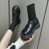 Elegantes botas de moda negras para mujer, nuevas botas cortas de suela gruesa para otoño e invierno, mocasines de estilo británico, botines tipo calcetín elásticos de punto