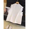 Blusa de Lino Blanca con Encaje Calado y Mangas Acampanadas para Mujer, Nuevo Estilo de Verano, Camisa Fina Elegante y Adelgazante con Cuello en V