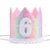 Coroa de Aniversário Infantil Macaron Gradiente Glitter Chapéu de Festa Chapéu com Número Acessório de Cabeça para Um Ano Arco-Íris Menina Chapéu de Princesa