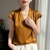 Camisa de Verano Nueva Estilo Francés con Cuello en V de Satén de Acetato de Gama Alta de Manga Corta para Mujer con Pequeñas Mangas Volantes, Elegante Blusa