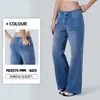 Nuevos pantalones vaqueros de punto de pierna ancha de cintura alta transfronterizos para mujer, adelgazantes y realzadores de glúteos, con bigotes y detalles desgastados, pantalones casuales elásticos