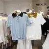 Camiseta de Hombro de Manga Corta con Cuello Polo Gris Estilo Coreano para Mujer Verano Pequeña de Hielo Seda Tejida Top Corto de Solapa Delgado