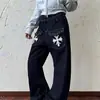 Jeans boca de sino com estampa de cruz, estilo retrô americano, para mulheres, coleção primavera/outono 2026, caimento solto, calça de perna larga