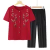 Camisa, conjunto de verano bordado para mujeres de mediana edad y mayores, conjunto de verano de dos piezas de manga corta para abuelas y madres