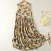 Vestido com Estampa de Pintura a Óleo Doce e Juvenil, Estilo Colete com Ajuste na Cintura para Mulheres, um Vestido Floral de Comprimento Médio Muito Bonito Estilo Férias de Verão