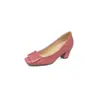 Aumento 8CM Hebilla Cuadrada Pintada Punta Cuadrada Tacones Altos para Mujer 2026 Verano Nuevo Cuero Patentado Francés Tacón Grueso Corte Bajo Zapatos de Salón