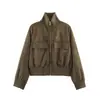 Chamarra Bomber ZA Transfronteriza Nueva Cuello Alto Textura de Terciopelo para Mujer Color Sólido Bolsillos Grandes Puños Elásticos Manga Larga Ropa de Abrigo