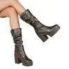 Sapatos Femininos Plus Size Transfronteiriços, Botas de Plataforma Impermeáveis de Cano Alto Femininas para Outono e Inverno, Botas de Couro de Salto Alto com Plataforma Impermeável e Bico Redondo, Salto Quadrado