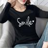 Camiseta de Manga Larga Coreana Nueva de Primavera y Otoño para Mujer Top de Manga Larga Estampado de Cuello Redondo para Mujer Camiseta Base Moderna para Estudiantes