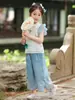 Hanfu Feminino Verão 2025 Novo Infantil Novo Estilo Chinês Estilo Nacional Camisa de Manga Voadora Calça Larga Leve Conjunto de Duas Peças