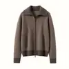 26 Outono Inverno Feminino Camisola de Malha Casual Emagrecedora de Caxemira Grossa de Camada Dupla Espinha de Peixe com Zíper Duplo e Gola