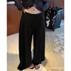 Pantalones deportivos grises con cordón para mujer, estilo otoño, talla petite, estilo casual, cintura alta, pierna recta holgada, pantalones de pierna ancha con cordón