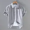 9048 Camisa de Lino de Manga Corta de Verano para Hombre Camisa Casual de Algodón y Lino con Cuello Cuadrado para Hombre Top de Lino de Color Sólido de Media Manga