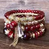 Pulsera Auténtica Estilo Bohemio Retro Étnico Elegante Multicapa para Mujer Pulsera Estilo Bosque Ins para Mujeres Altas Rojo Vino