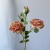 Flores Artificiales para Uso en Bodas, Rosas al por Mayor Transfronterizas, Flores Falsas, Rosas de 3 Cabezas con Borde Tostado, Flores Artificiales para Arreglo de Escenas, Flores de Seda