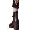 Botas Curtas Marrons de Salto Grosso para Mulheres no Outono e Inverno Couro Nobuck Botas de Salto Alto Retrô Bico Quadrado com Fivela de Cinto e Zíper nas Costas Botas de Cano Curto