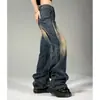 Pantalones de mezclilla retro estilo vibra americana para mujer, diseño deconstruido, holgados de pierna ancha, color amarillo barro teñido viejo, pantalones rectos de calle alta
