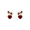 Brincos de pino de laço de amor vermelho vinho retrô estilo Chanel brincos de ano novo brincos de coração de pêssego brincos de ano novo rosto branco atacado