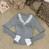 Spice Girls Renda Sexy Pura Costura Manga Longa Quente Esfoliante Outono e Inverno Curto Stretch Slim Fit Emagrecedor Top Interno