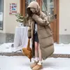Casaco de inverno acolchoado de corte solto para casal, longo, acima do joelho, espessado, quente, jaqueta puffer para mulheres