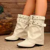 Botas de Pantalón de Pierna Ancha con Hebilla Metálica a Media Pantorrilla Moda Transfronteriza Talla Grande 2026 Otoño/Invierno Nuevo Llegada Punta Cuadrada Tacón Cuadrado Botas para Mujer En Stock