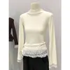 Blusa Base com Gola Meia-Alta Patchwork de Renda para Mulheres, Camada Interna franzida que afina a cintura para Outono e Inverno, Camiseta de Manga Longa com Babados que Rejuvenesce