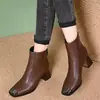 Botines de mujer estilo retro francés de piel genuina con puntera cuadrada, tacón grueso de 7 cm de altura, cremallera lateral y aislamiento engrosado