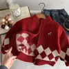 Tricô Infantil Vermelho 2025 Inverno Novo Jaqueta de Tricô com Zíper Tricô para Meninos e Meninas Ano do Cavalo Cardigan Ano Novo