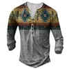 Nueva Camiseta de Manga Larga para Hombre de Moda Callejera Estilo Europeo y Americano de Venta Caliente Transfronteriza con Abertura Frontal, 7 Botones y Estampado Digital 3D