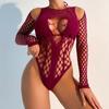Lingerie Sexy com Renda Vazada, Roupa de Malha Transparente de Manga Longa Transfronteiriça, Body Biquíni Sexy Ajustado Estilo Europeu e Americano W708