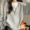 Moletom Cinza com Capuz para Mulheres, Estilo Popular Outono e Inverno 2026, Forrado com Fleece e Espessado, Decote V, Adequado para Figuras Baixas, Roupa de Inverno