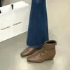 Botines de tobillo estilo francés de punta cuadrada, colección otoño/invierno, tacón bajo, ajuste ceñido, color marrón claro, tacón grueso, botines versátiles