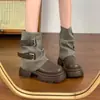 Botas de tornozelo emagrecedoras, patchwork de couro e tecido estilo britânico, solado grosso, salto grosso, perna larga, botas de salto bloco, novas botas Martin com fivela dupla 2026 para mulheres
