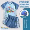 Traje de banho infantil para meninos, conjunto de duas peças com design de blocos digitais, moda praia para meninos com calção de banho, traje para natação e fontes termais com proteção solar