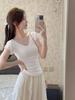 Top de Punto Corto de Seda Hielo Amarillo Cremoso con Cuello en V y Hombro Normal para Mujer, Verano de Alta Gama Ajustado Petite