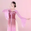 Nuevo Estilo Hanfu Ajustado Clásico Vestido Fluido de Danza para Mujer, Hanfu con Cinturilla Alta hasta el Pecho, Vestido Chino de Práctica con Largas Cintas Fluidas, Vestido de Gasa Estilo Han y Tang