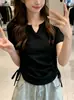 Diseño Sentido Cuello en V Cordón Manga Corta Camiseta de Mujer Ajustada Estilo Deseo Puro Nuevo Elegante Ajustado Moda Top de Verano para Mujer