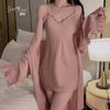 Rosa si sexy escote pronunciado tentación espalda descubierta color liso satén tirantes camisón para mujer ropa de casa traje 2199