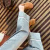 Calça Cropped de Maternidade Azul Claro Outono e Primavera Roupa Externa Suporte para Barriga Jeans Não Apertado Ajustável Reta Calça de Perna Larga